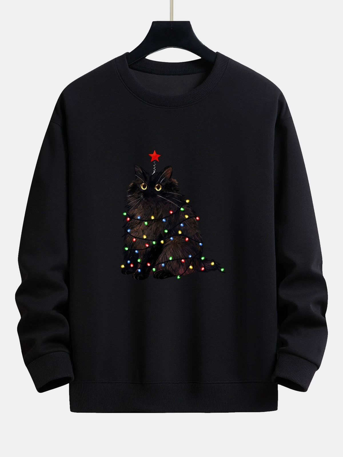 Men's Christmas Cat Sweatshirt – Relaxed Fit Festive Pullover - Black