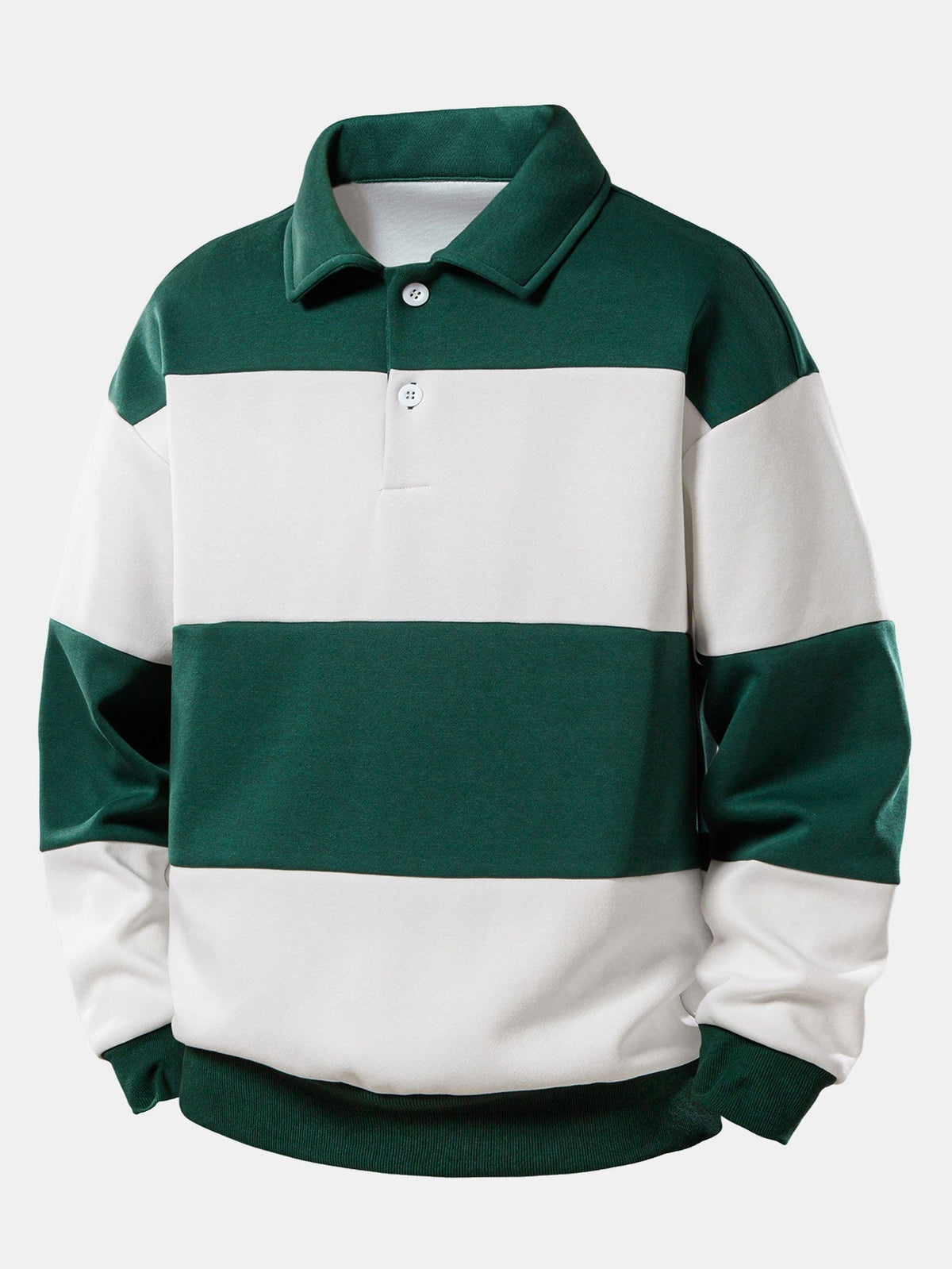 Men's Colour Block Polo Sweatshirt – Relaxed Fit Stripes - Dark Green