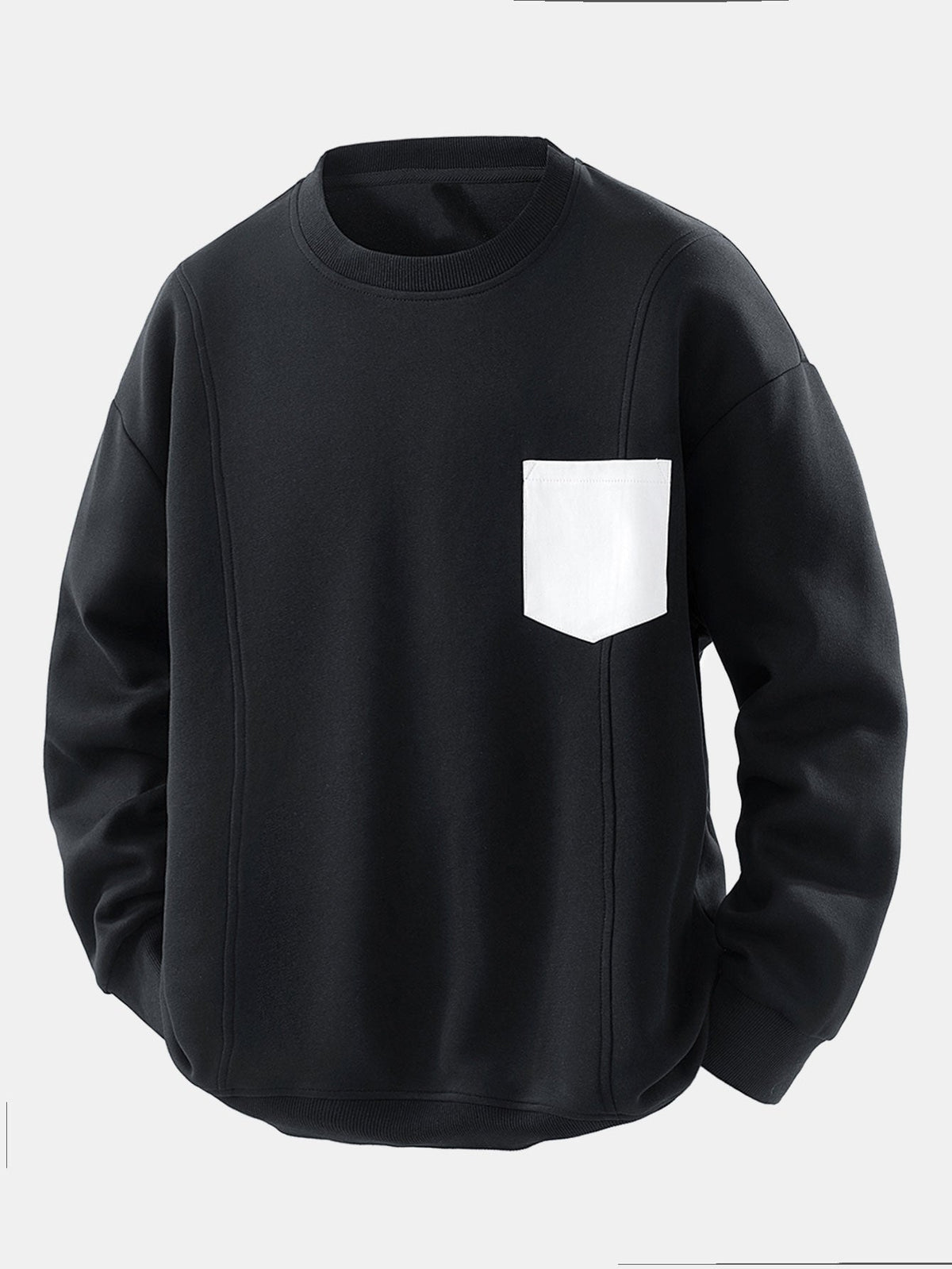 Men's Contrast Chest Pocket Crew Neck Sweatshirt – Relaxed Fit - Black