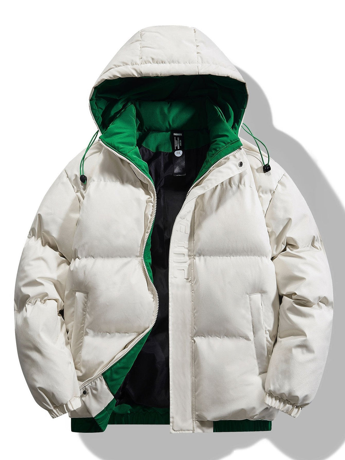 Men's Contrast Hooded Puffer Jacket in beige, Winter Padded Outerwear