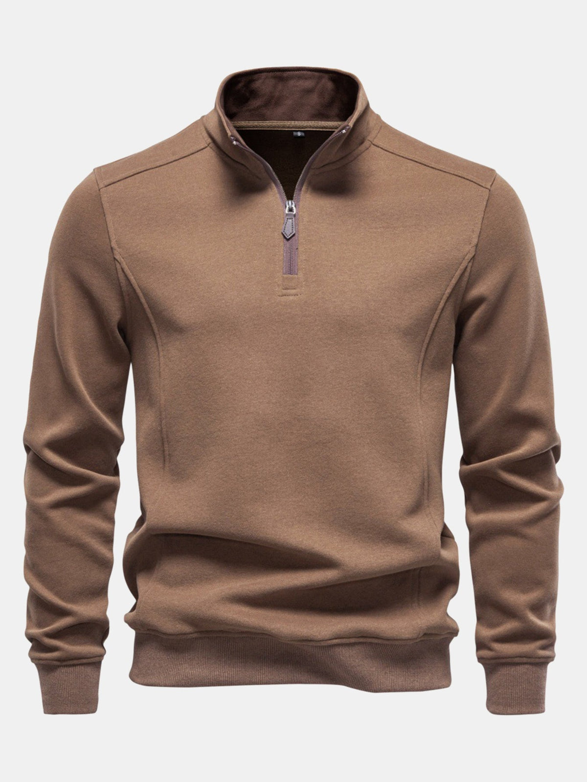 Men's Cotton Blend Quarter Zip Sweatshirt – Stand Collar Smart Casual - Brown