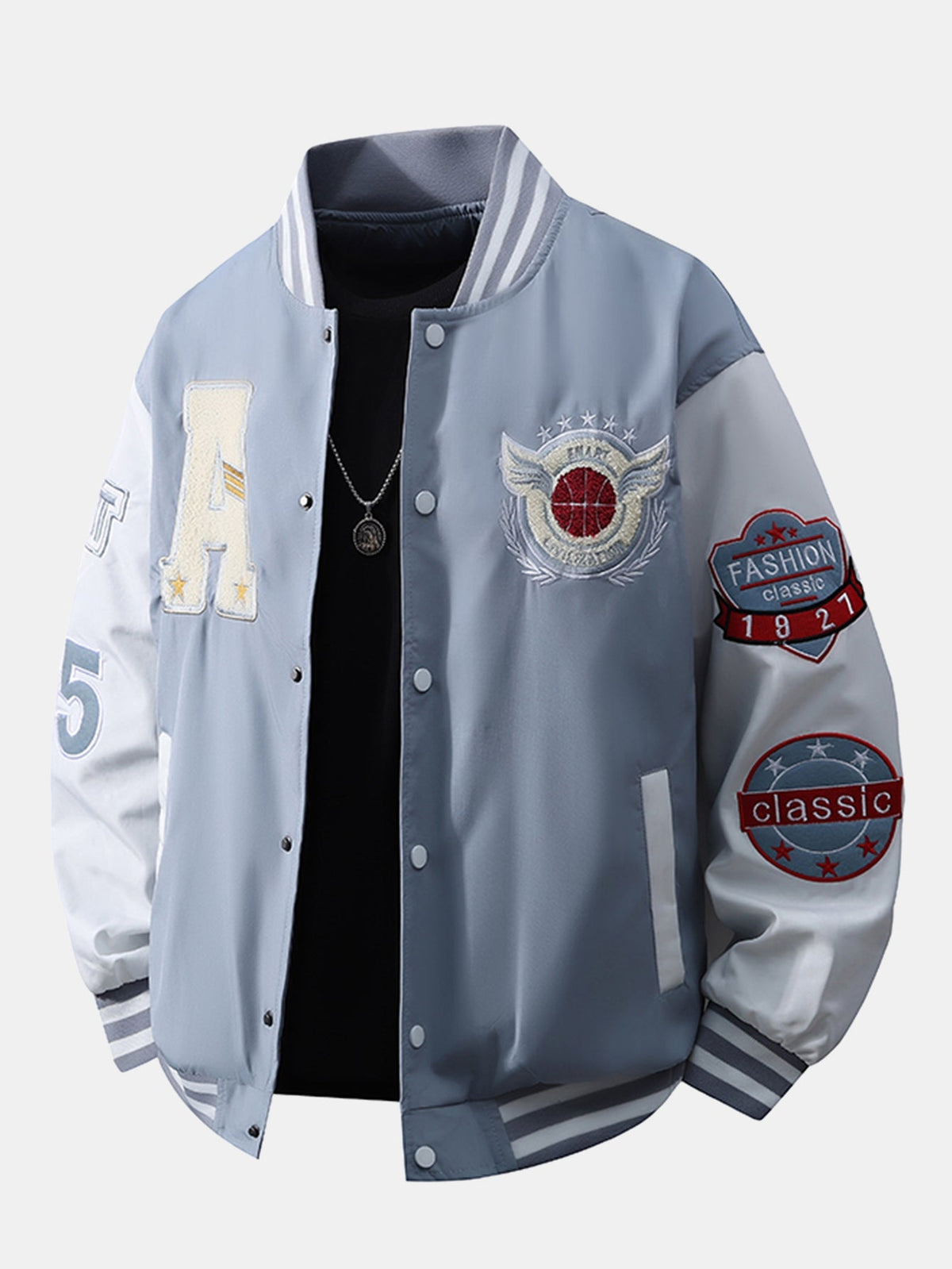 Men's Embroidered Varsity Bomber Jacket – Relaxed Fit Streetwear - Light Blue