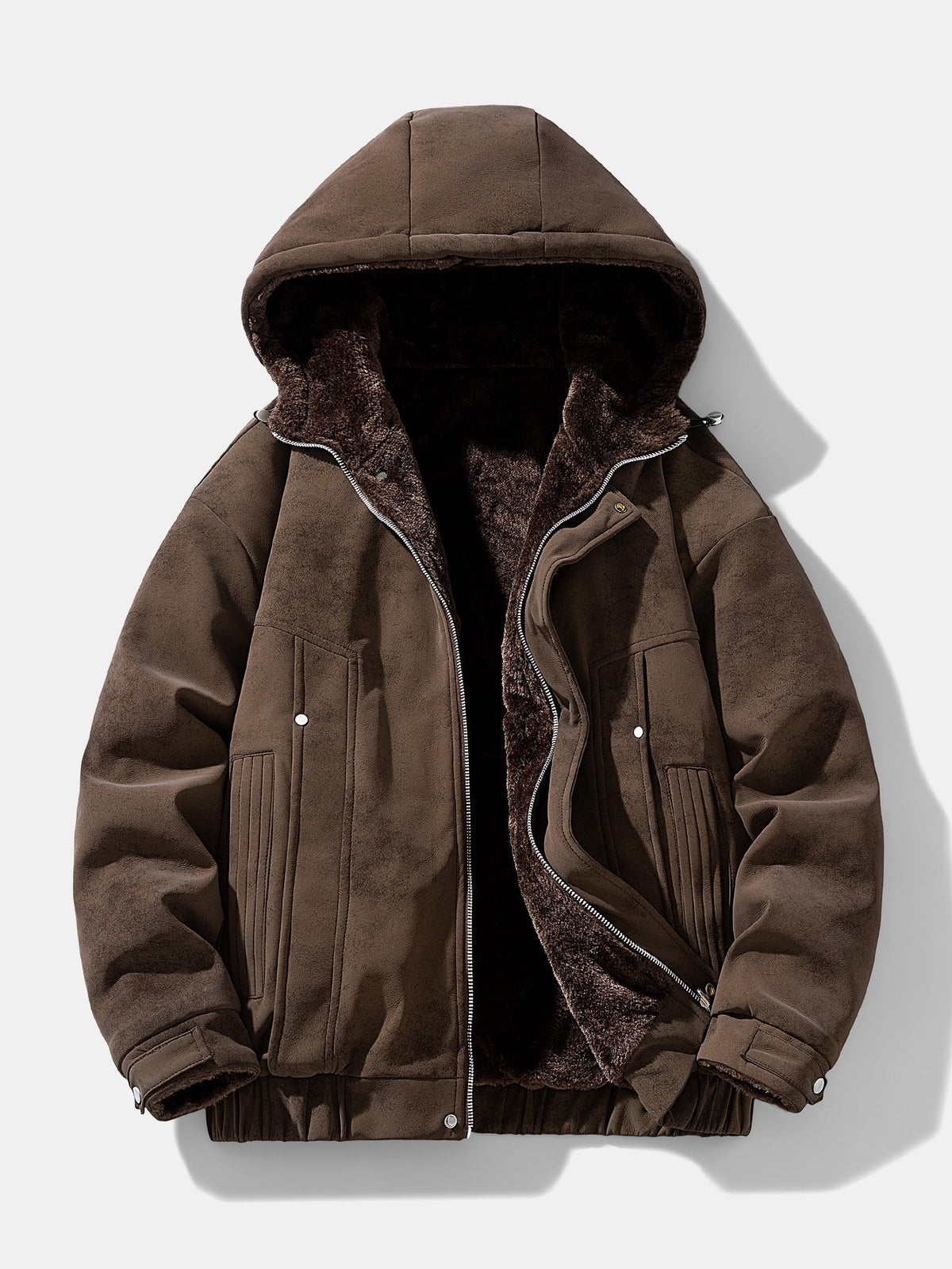 Men's Faux Suede Hooded Winter Jacket – Relaxed Fit Teddy Fleece Linin - Dark Brown