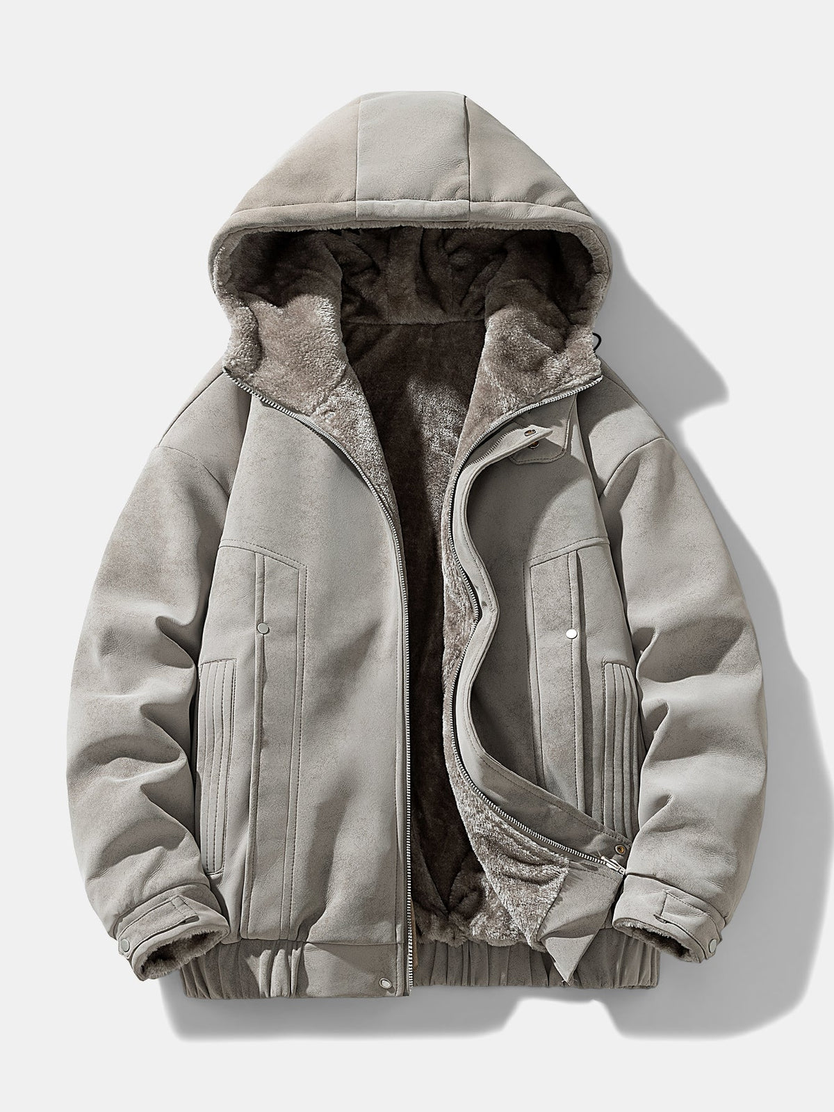 Men's Faux Suede Hooded Winter Jacket – Relaxed Fit Teddy Fleece Linin - Grey