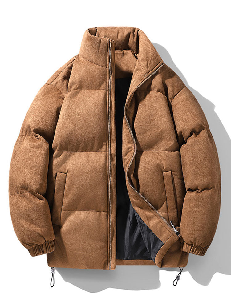 Men's Faux Suede Puffer Jacket – High Funnel Neck Winter Coat - Brown