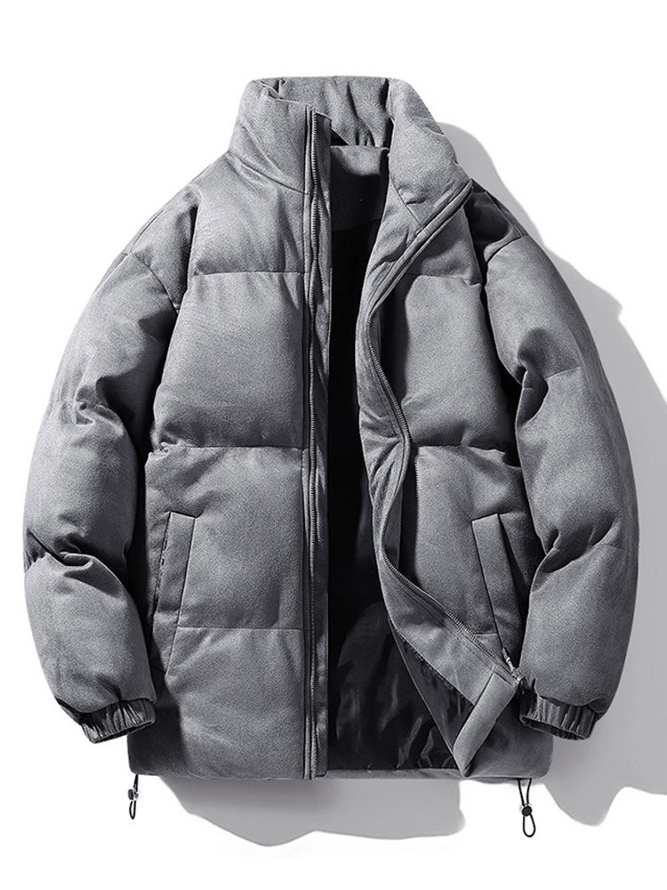 Men's Faux Suede Puffer Jacket – High Funnel Neck Winter Coat - Grey