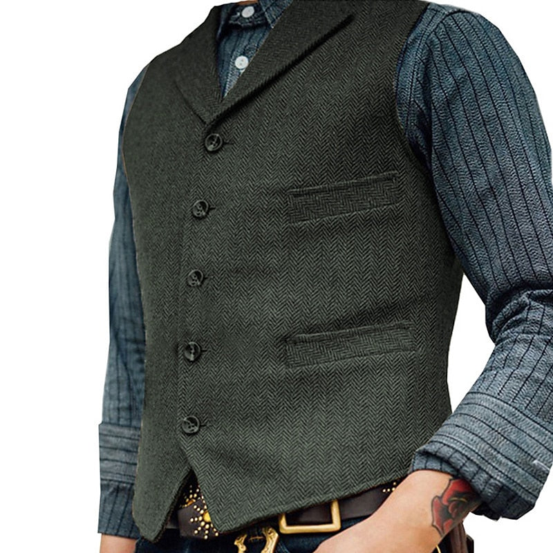 Men's Herringbone Tailored Waistcoat in army green, Classic V-Neck
