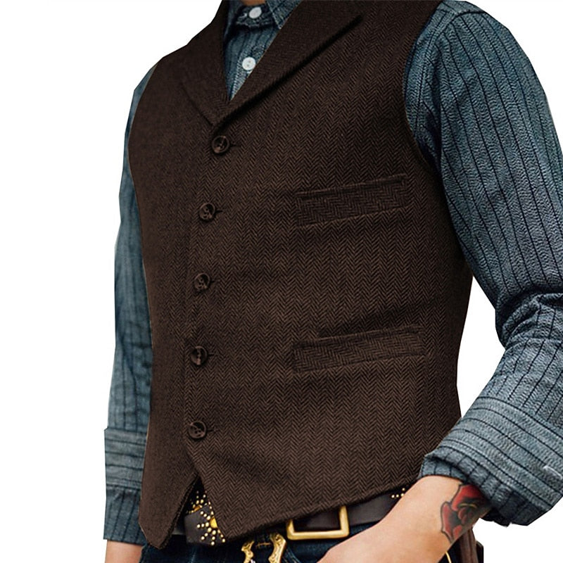 Men's Herringbone Tailored Waistcoat in coffee, Classic V-Neck