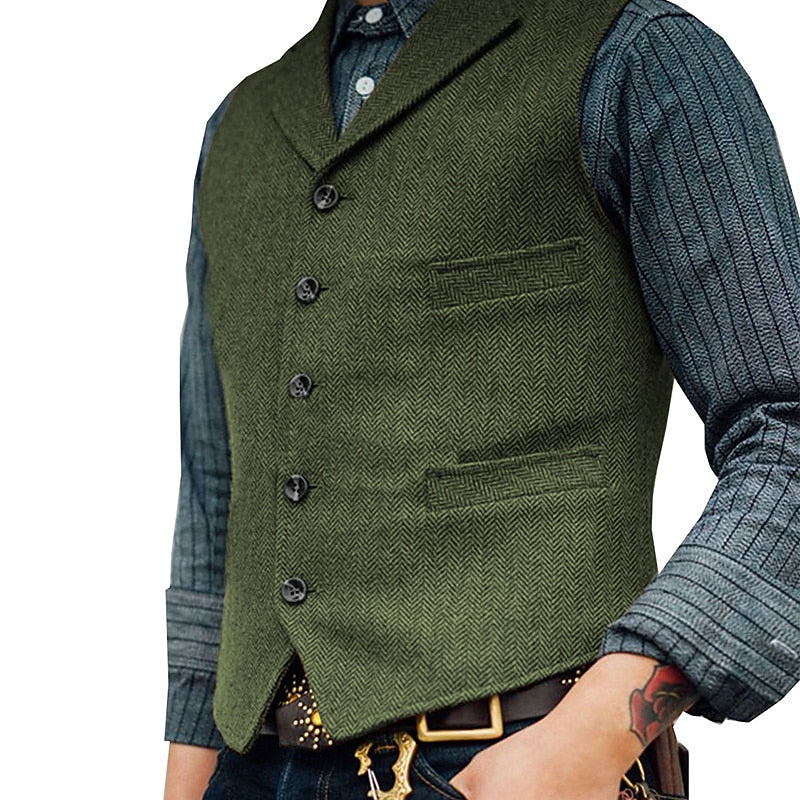 Men's Herringbone Tailored Waistcoat in green, Classic V-Neck