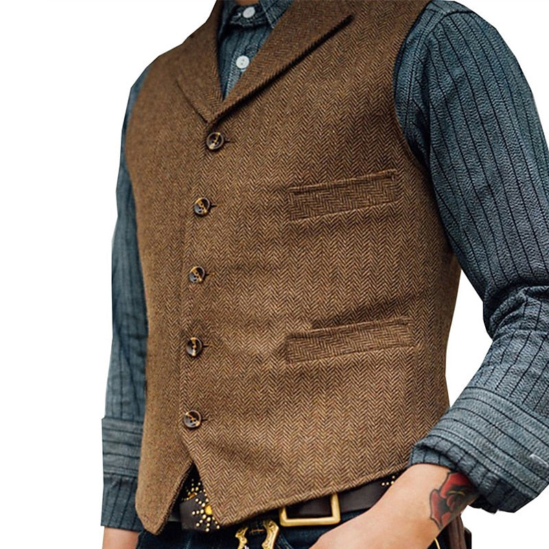 Men's Herringbone Tailored Waistcoat in light coffee, Classic V-Neck