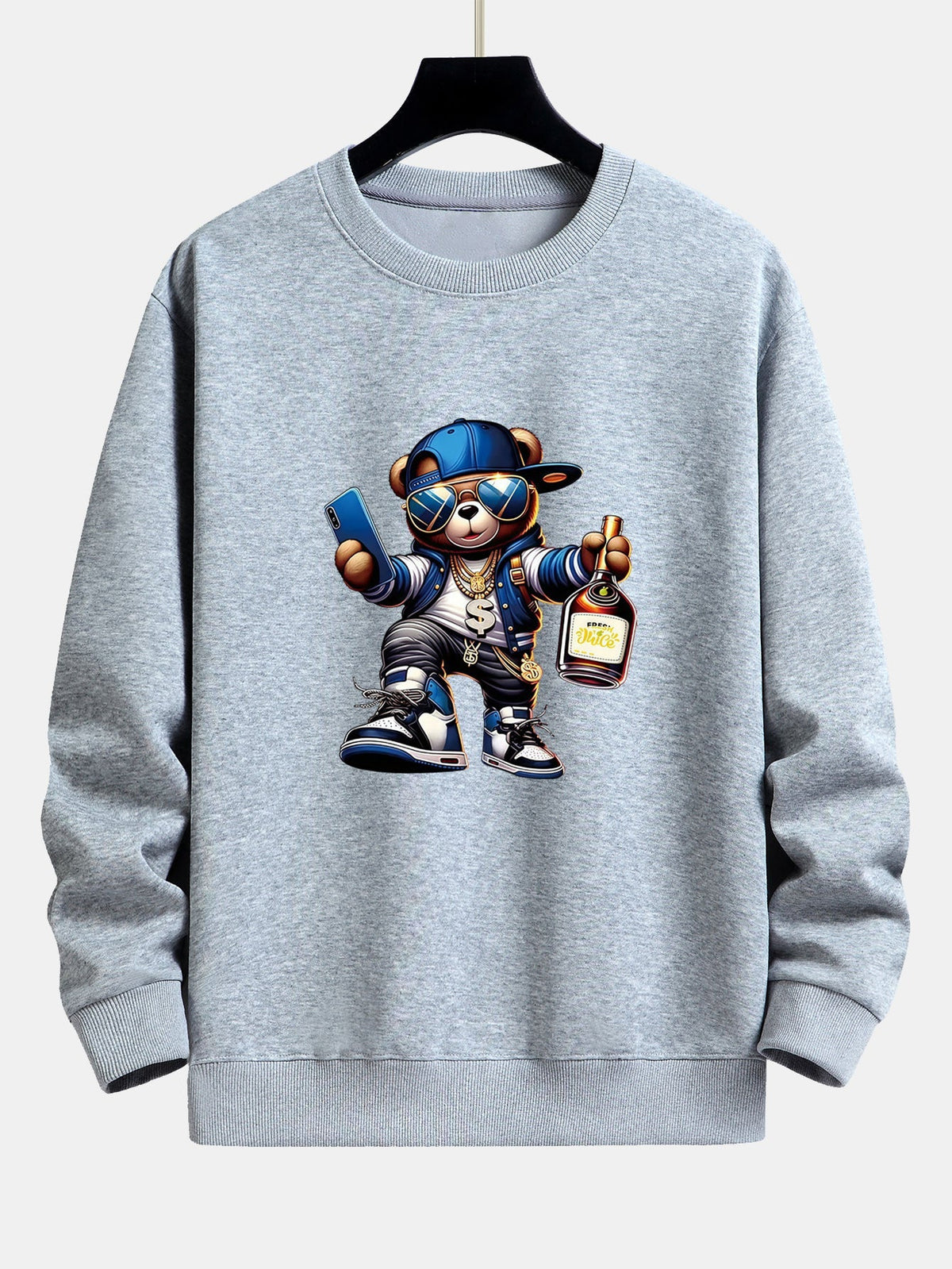 Men's Hip Hop Teddy Bear Graphic Sweatshirt – Relaxed Fit Crew Neck - Grey