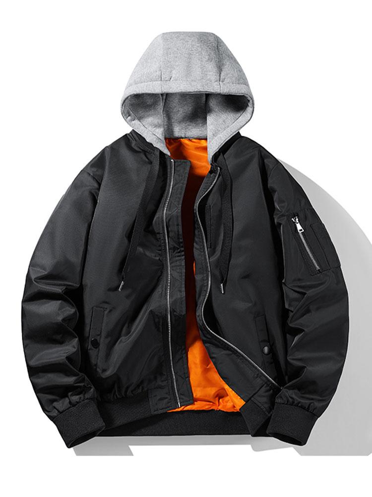 Men's Hooded Bomber Jacket – Contrast Lining Zip-Up - Black