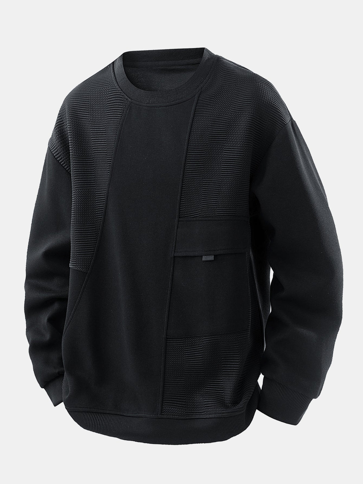 Men's Jacquard Panel Sweatshirt in black, Relaxed Crew Neck Pullover