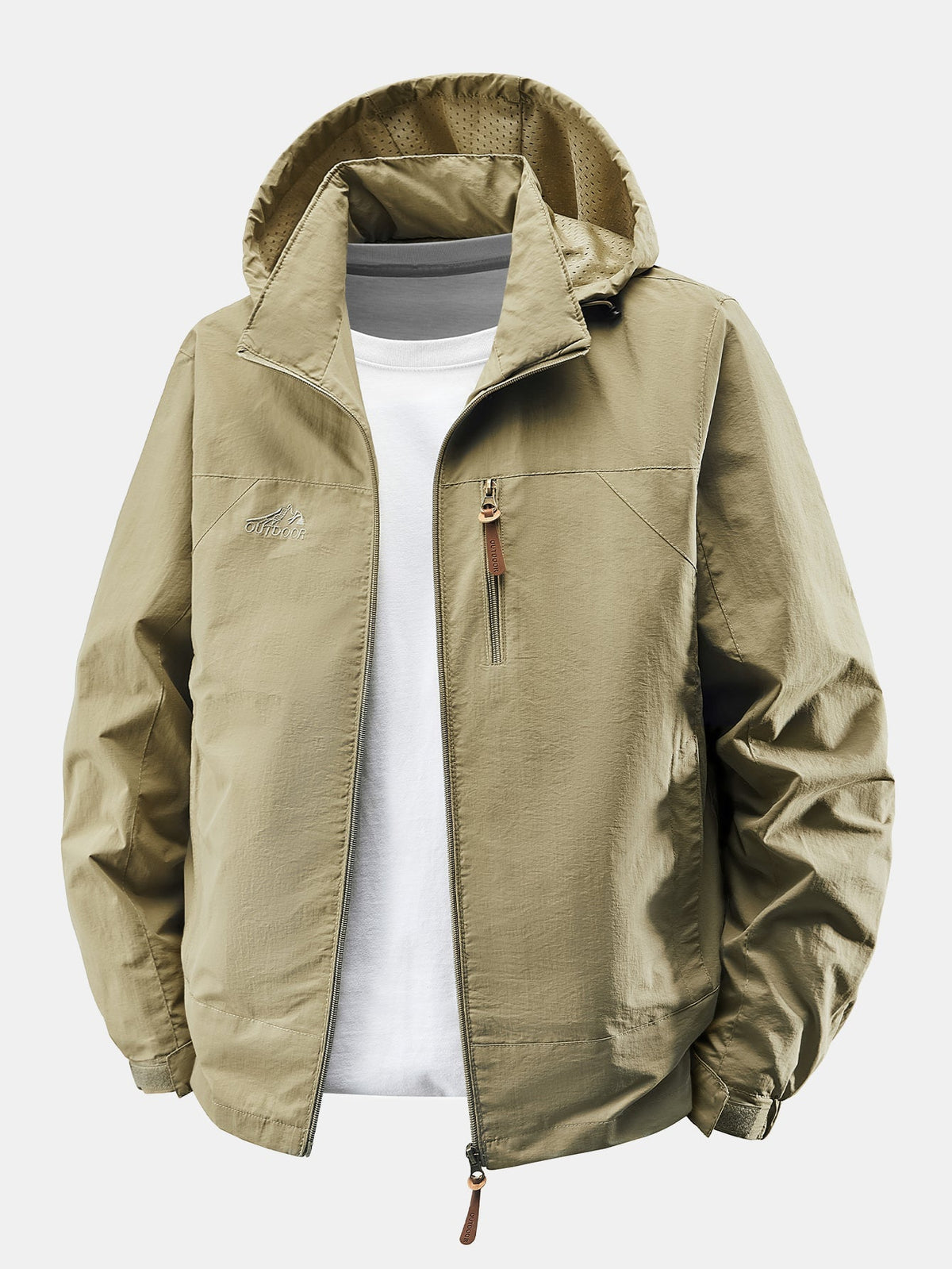 Men's Lightweight Nylon Windbreaker Jacket – Relaxed Fit Zip-Up - Khaki
