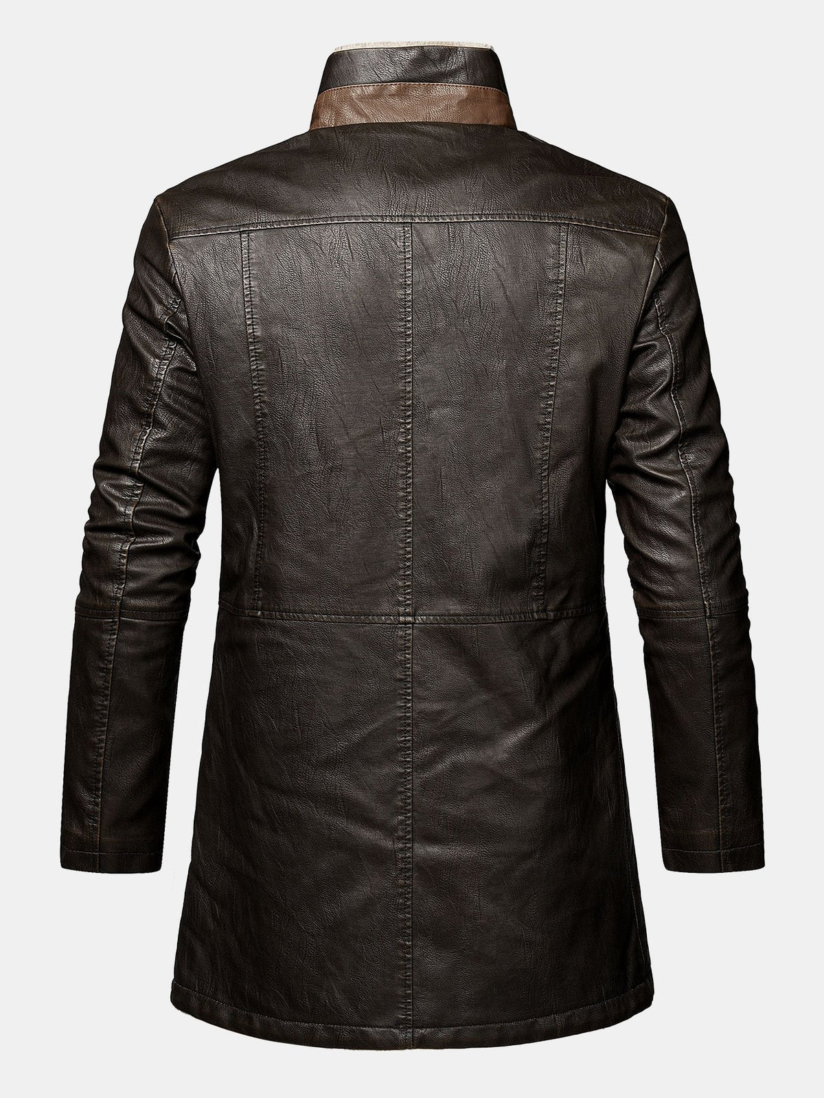 Men's Long Faux Leather Winter Coat – Stand Collar Overcoat
