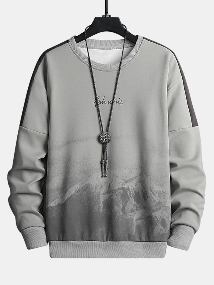 Men's Mountain Graphic Crew Neck Sweatshirt – Relaxed Fit Streetwear - Grey
