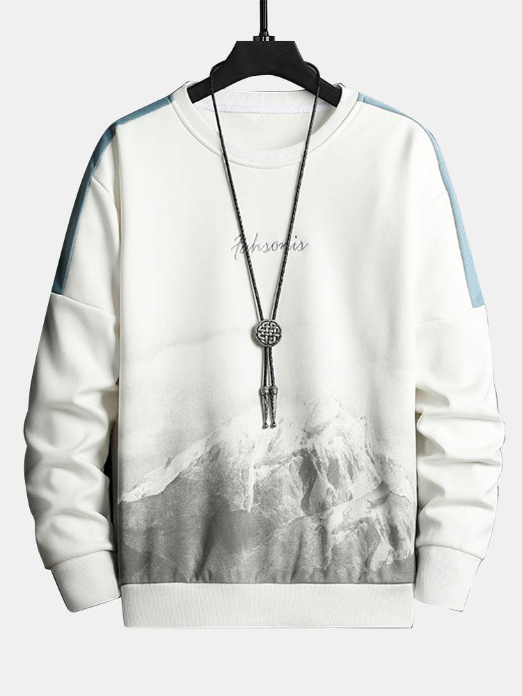 Men's Mountain Graphic Crew Neck Sweatshirt – Relaxed Fit Streetwear - White