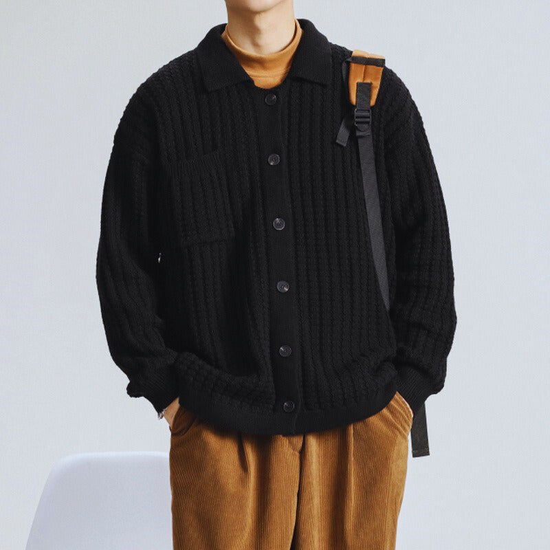 Men's Oversized Chunky Knit Cardigan in black, Warm Button Front