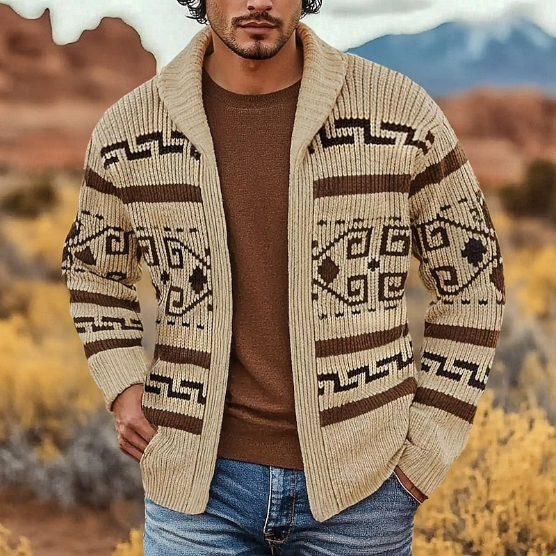 Men's Patterned Zip Cardigan in khaki, Navy