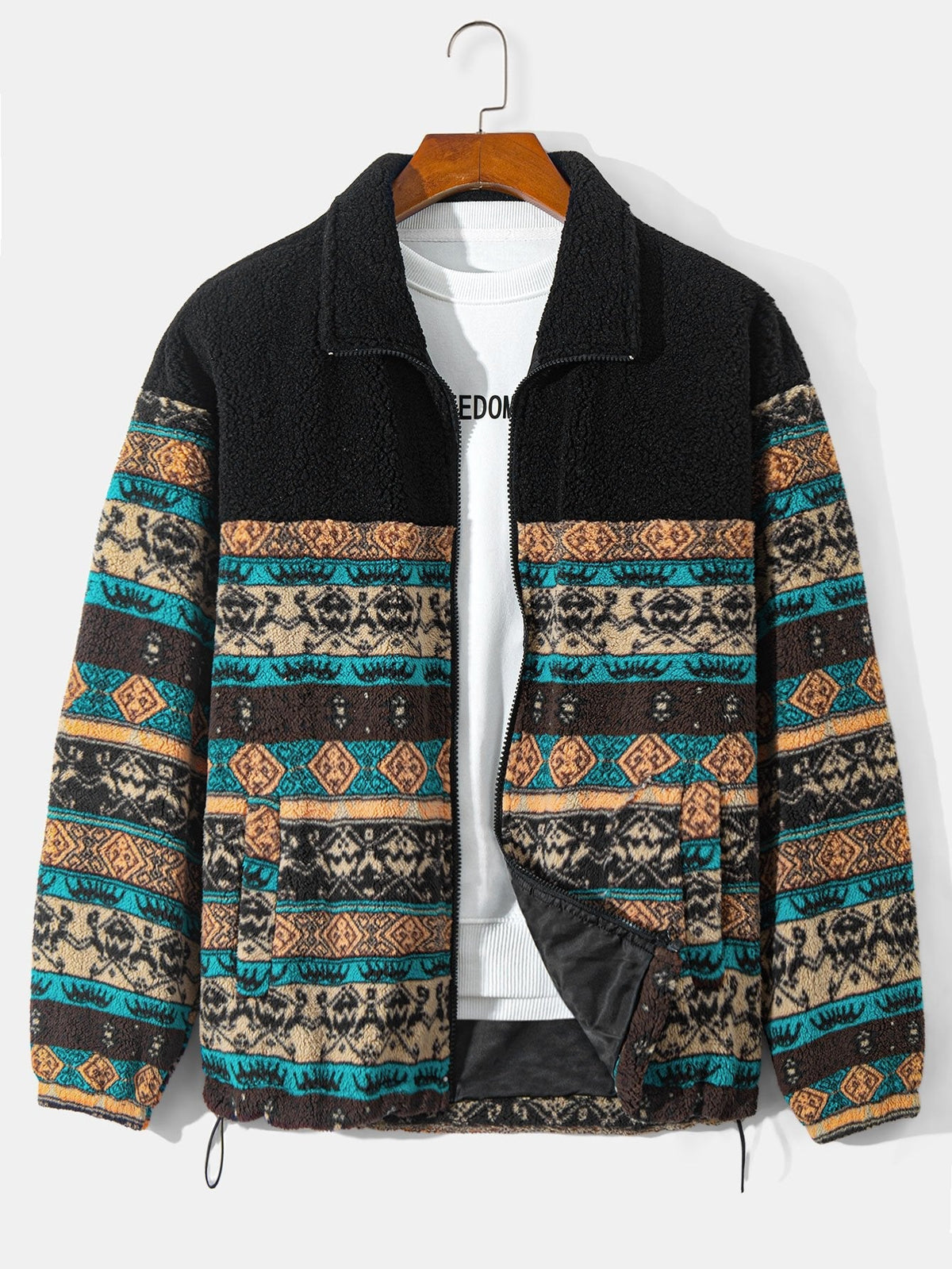 Men's Printed Teddy Fleece Zip-Up Jacket in black, Relaxed Fit