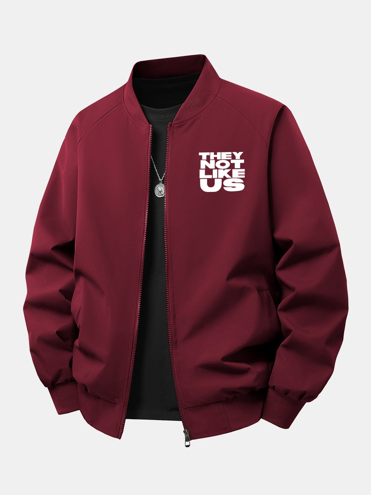 Men's Printed Zip-Up Bomber Jacket – Relaxed Fit Streetwear - Wine Red