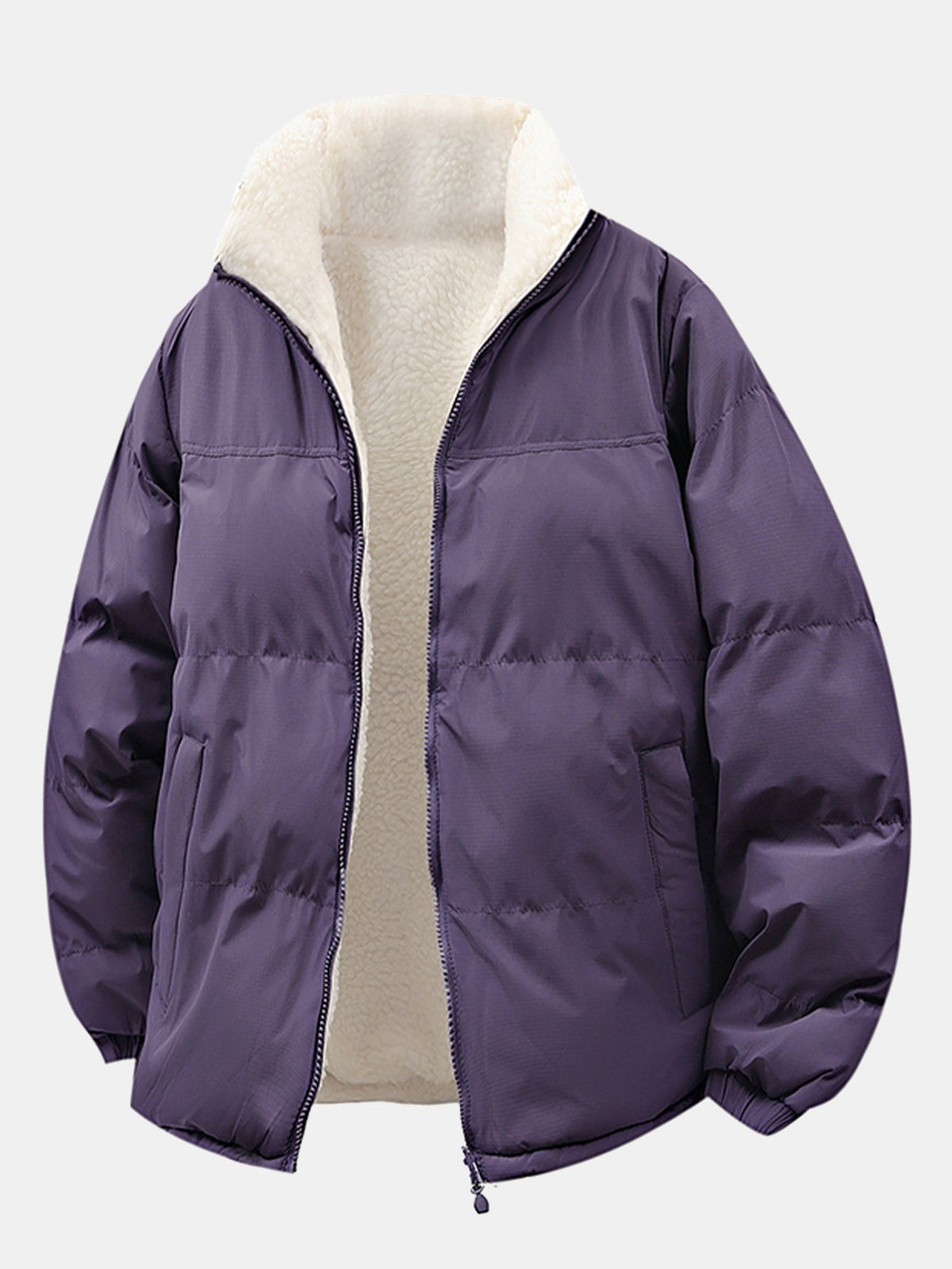 Men's Reversible Teddy Fleece Puffer Jacket – Relaxed Fit - Purple