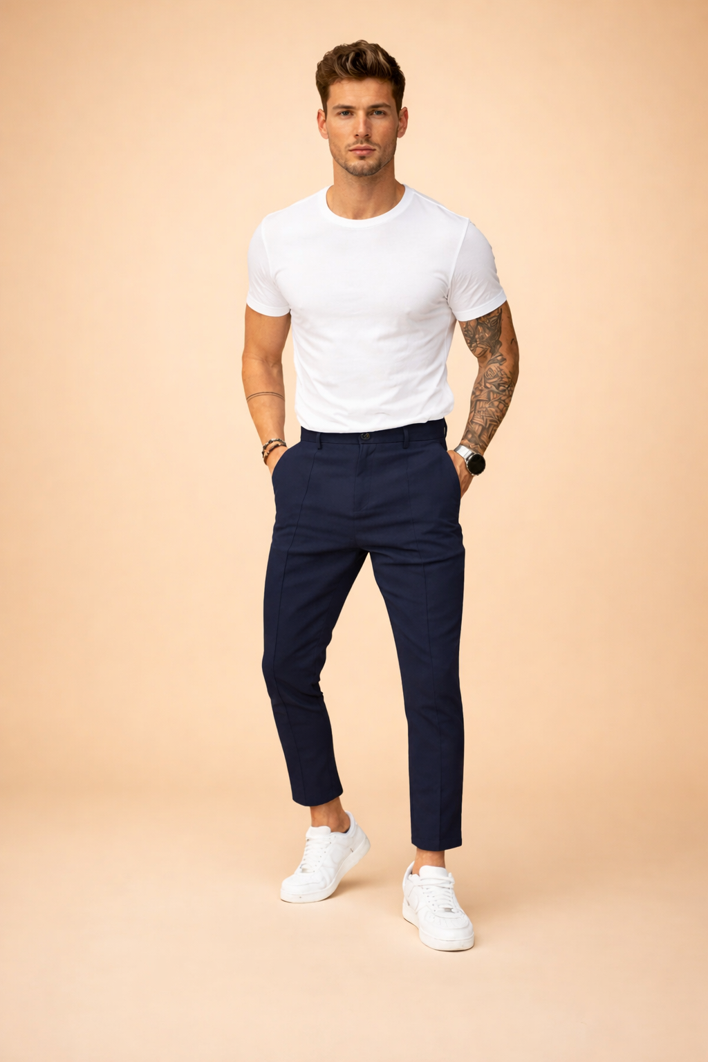 Men's Slim Fit Tapered Trousers in blue, Smart Casual Cropped