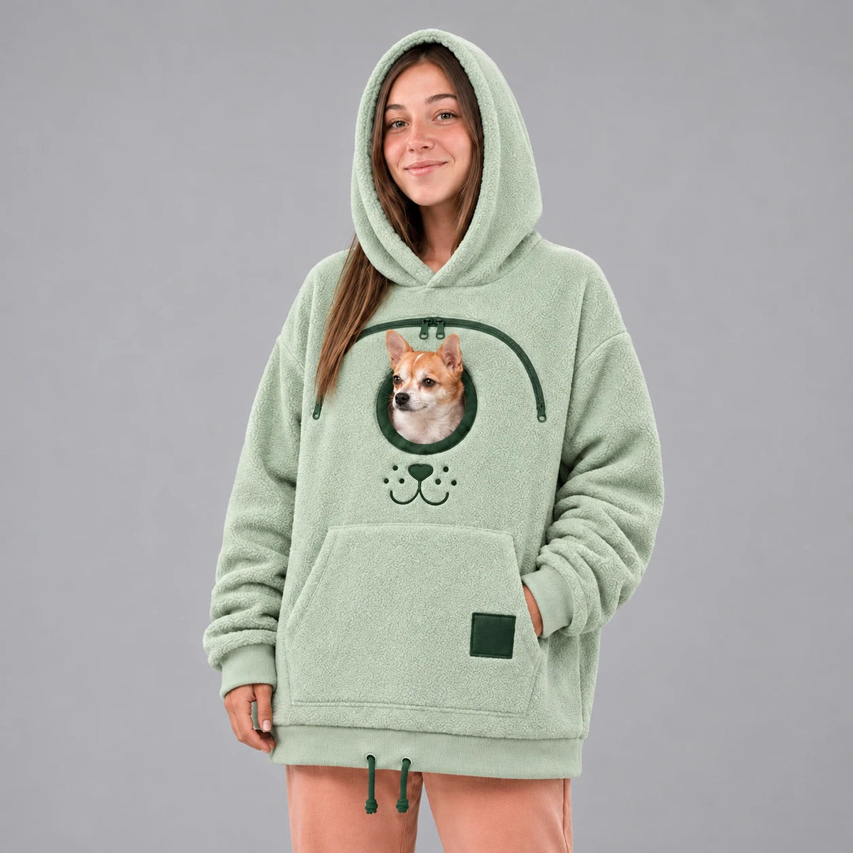 Men's Small Dog Pouch Hoodie in sage green, Hands-Free Pet Carrier