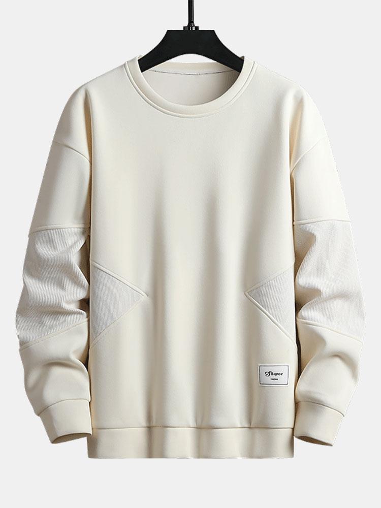 Men's Textured Patchwork Crew Neck Sweatshirt – Relaxed Fit - Beige
