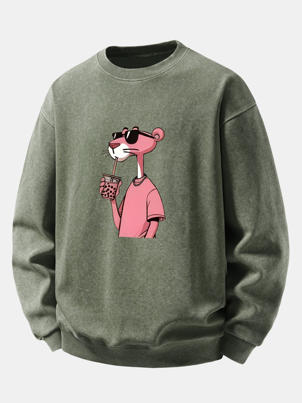 Men's Vintage Washed Cotton Sweatshirt – Relaxed Fit Crew Neck - Olive Green