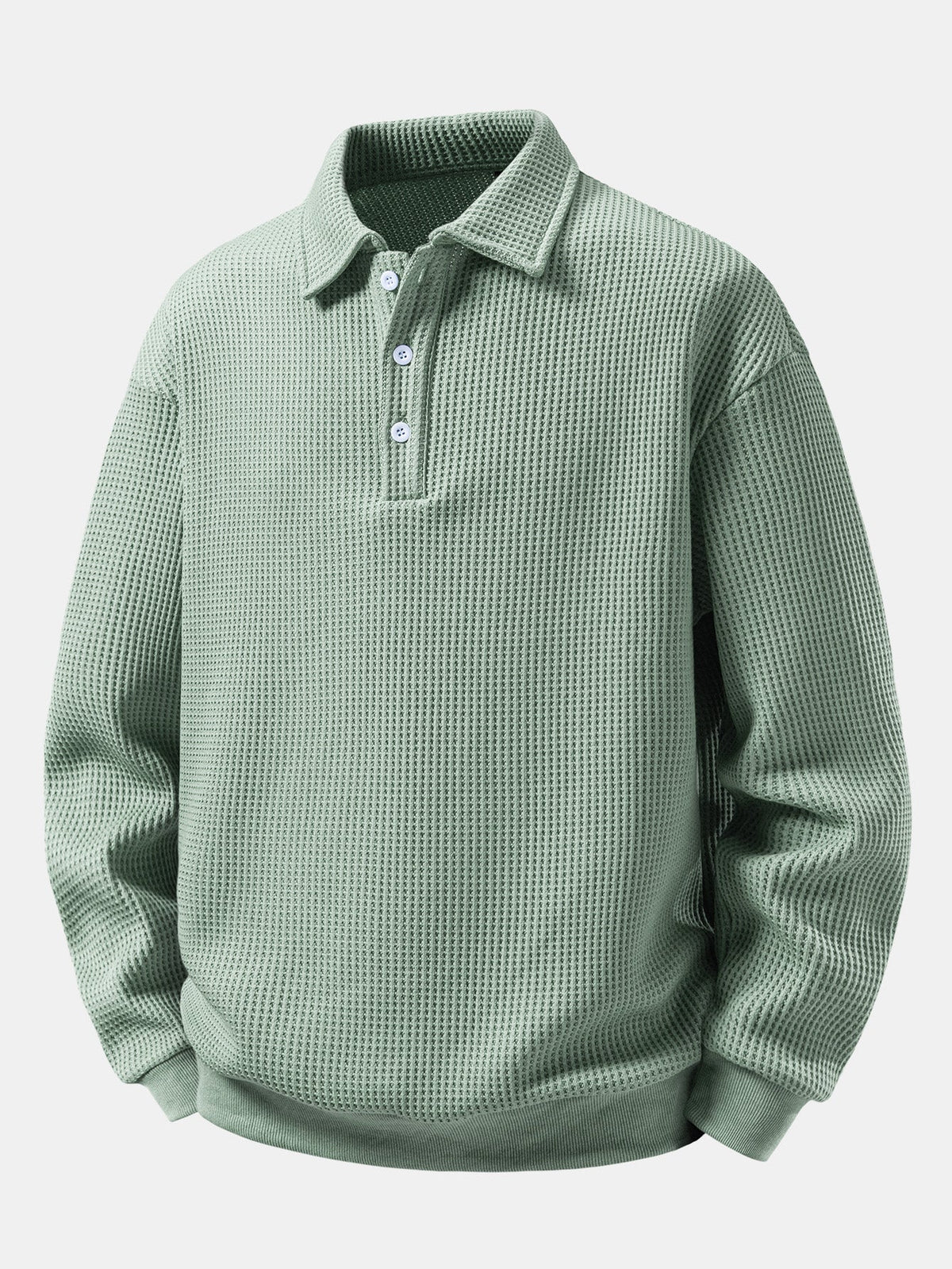Men's Waffle Textured Polo Sweatshirt – Relaxed Fit Long Sleeve - Light Green