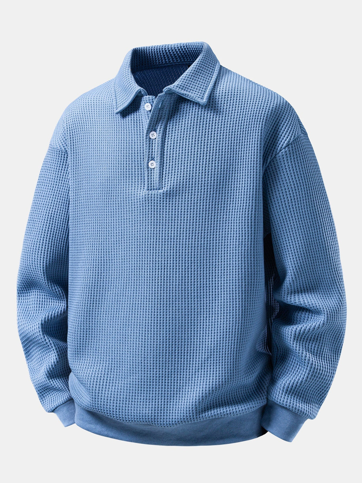 Men's Waffle Textured Polo Sweatshirt – Relaxed Fit Long Sleeve - Sky Blue