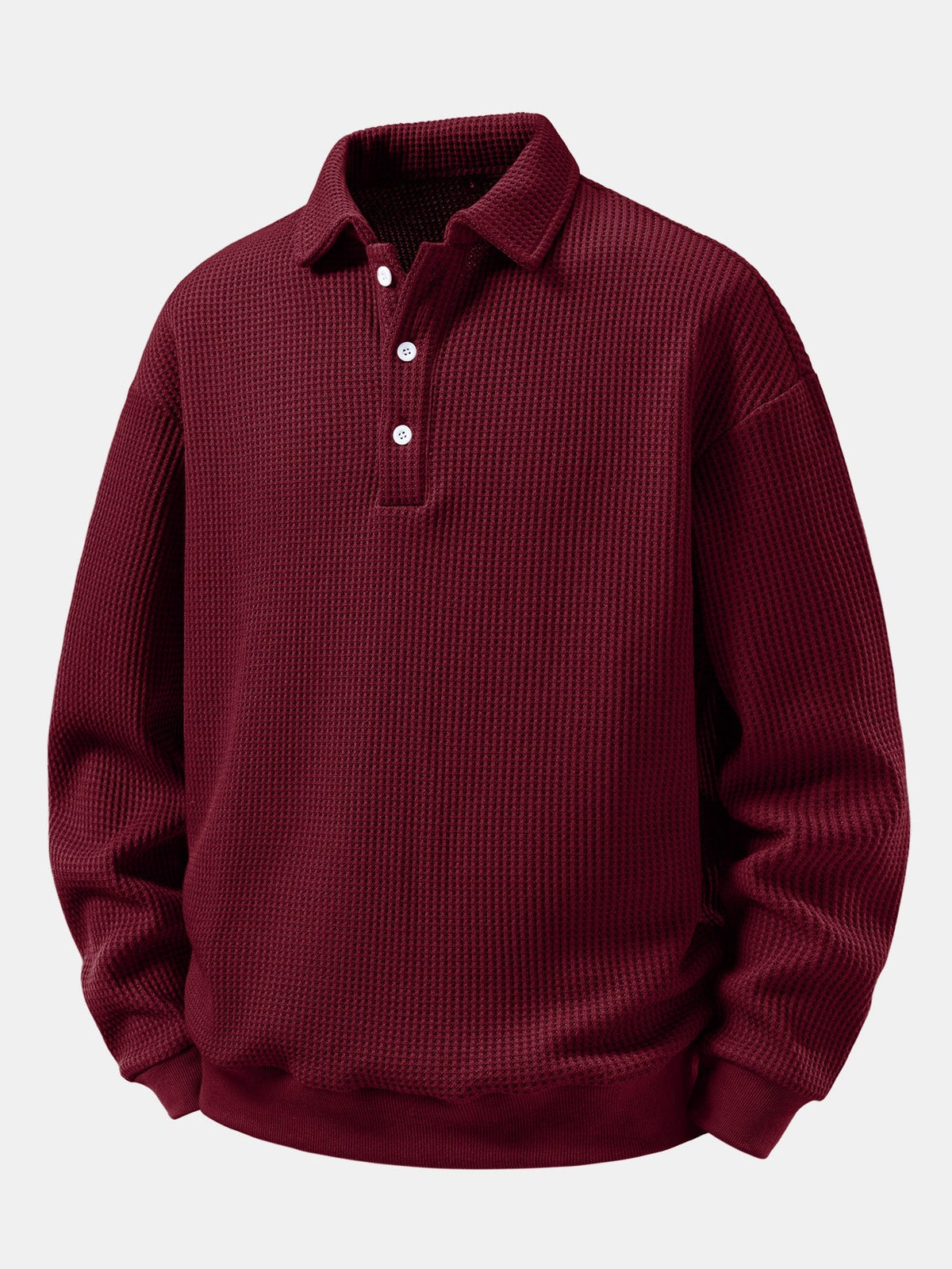 Men's Waffle Textured Polo Sweatshirt – Relaxed Fit Long Sleeve - Wine Red