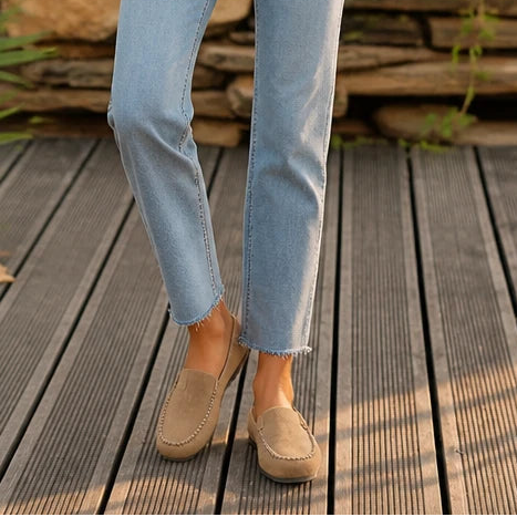 Women's Brown Backless Round-Toe Flat Shoes in beige, Casual Comfort
