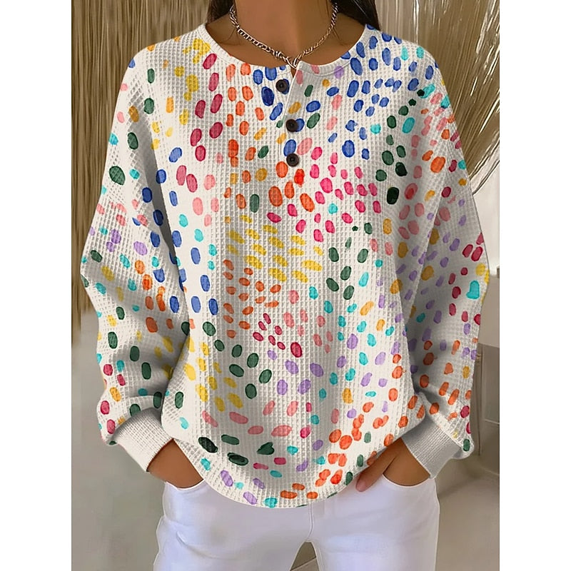 Women's Button-Neck Print Sweatshirt in yellow, Relaxed Fit