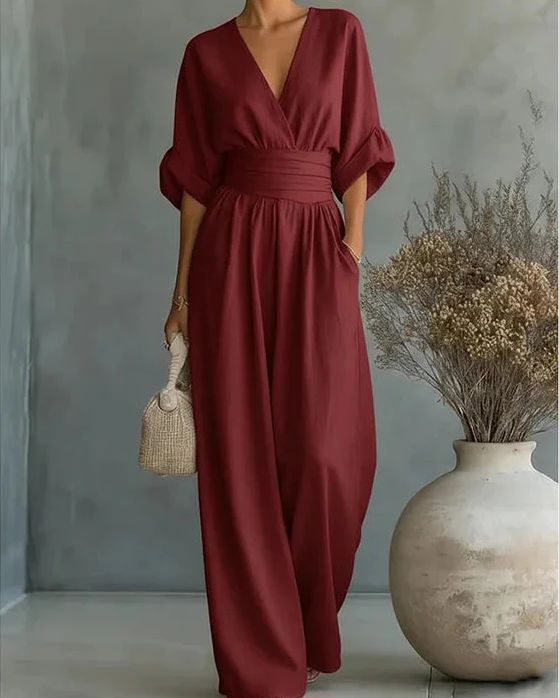 Women's Crossover Jumpsuit in burgundy, Wide Leg Elegant