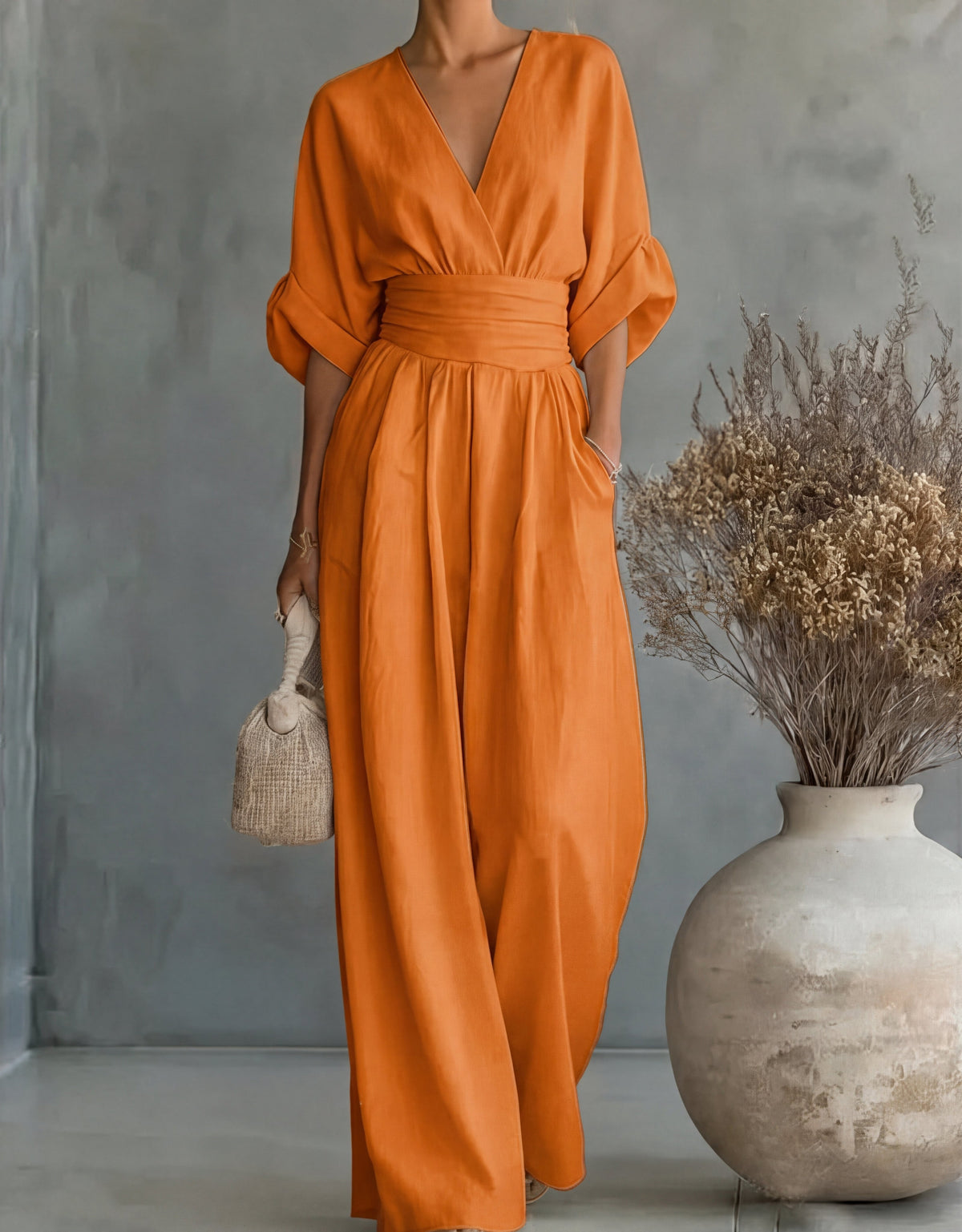 Women's Crossover Jumpsuit in orange, Wide Leg Elegant