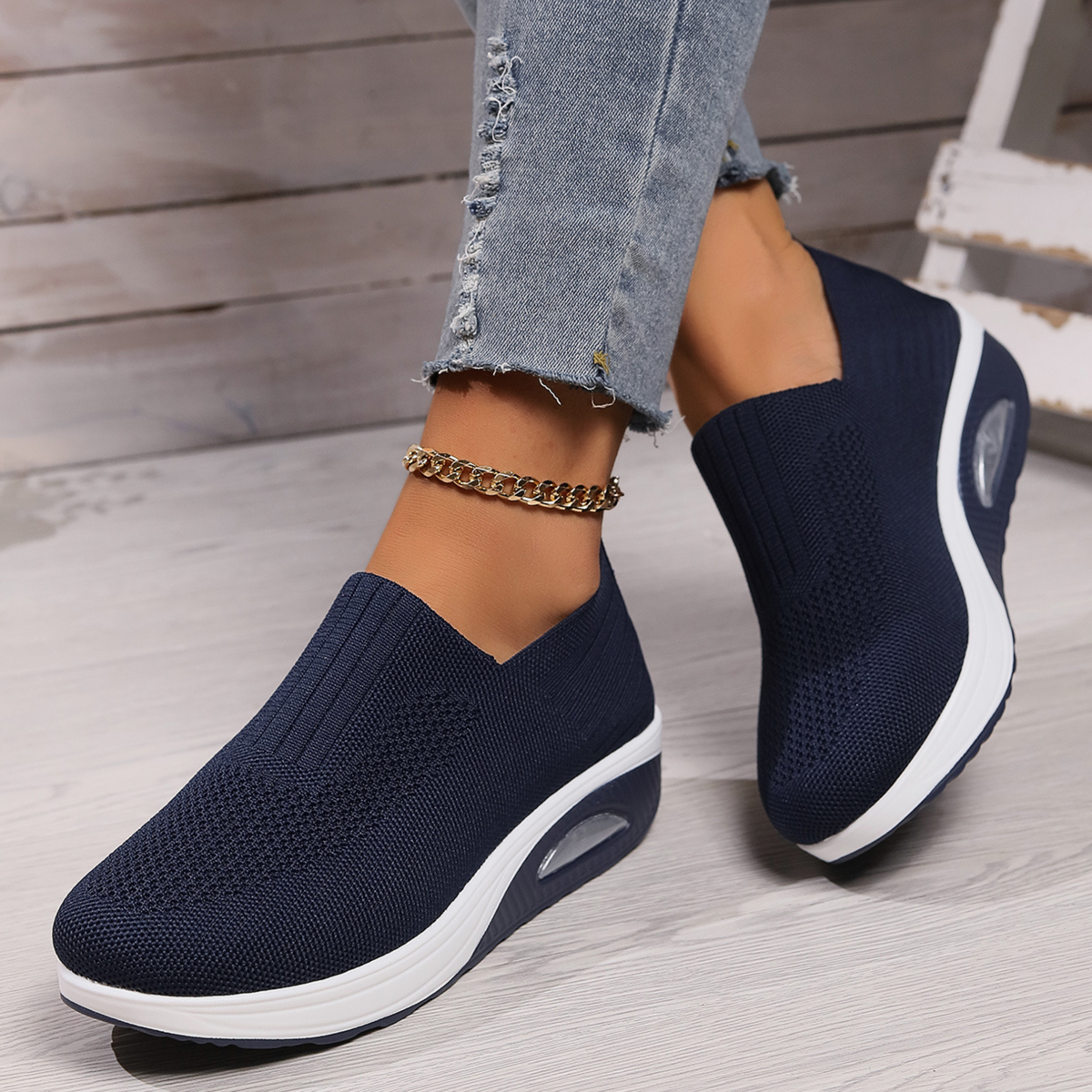 Women's Cushioned Slip-On Sneakers in dark blue, Lightweight Comfort