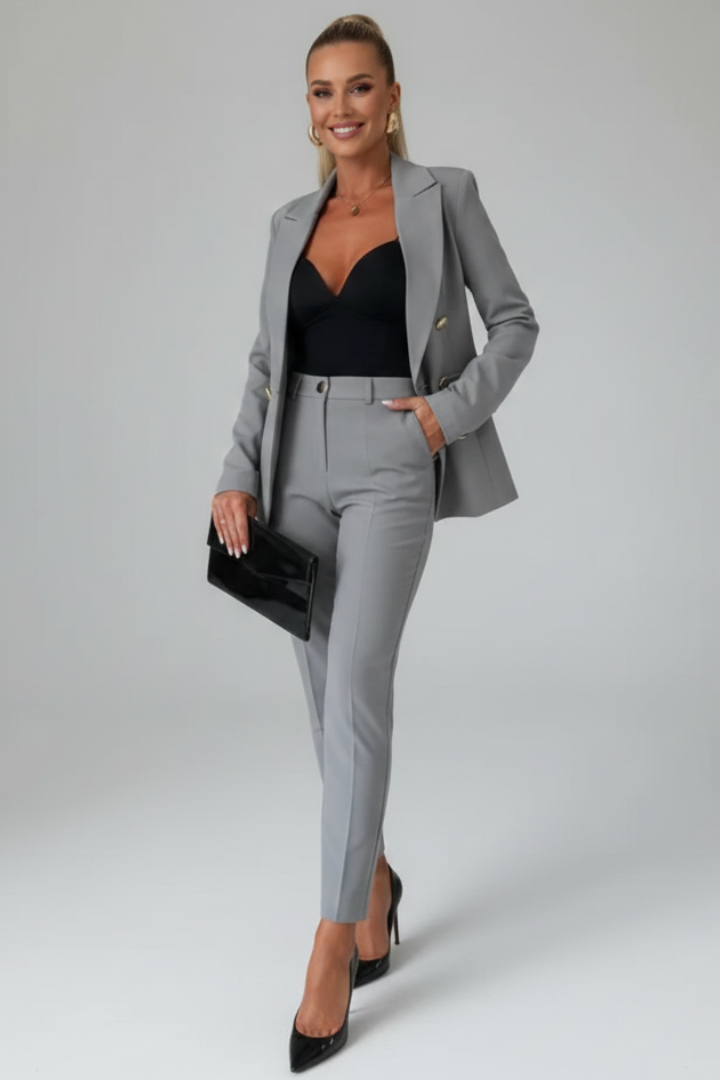 Women's Double-Breasted Tailored Suit Set in grey, Blazer & Trousers