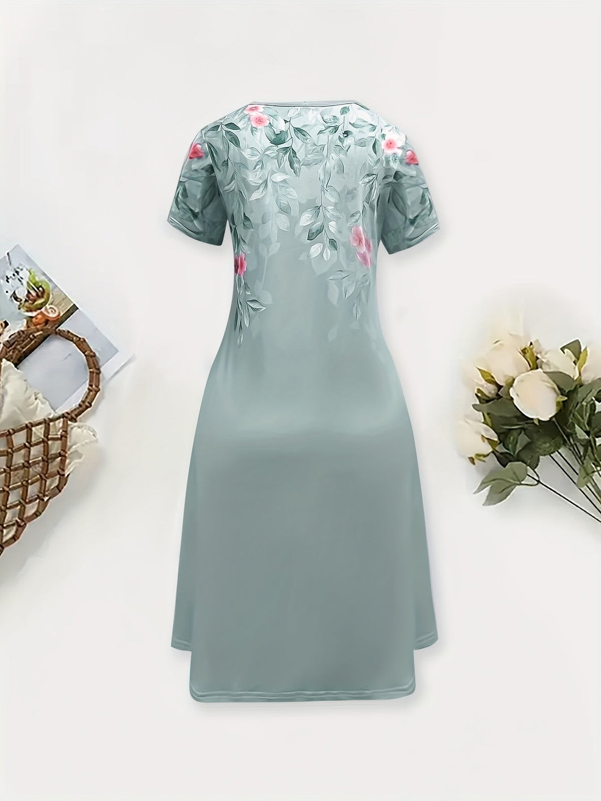 Women's Floral A-Line Dress - Elegant Short Sleeve