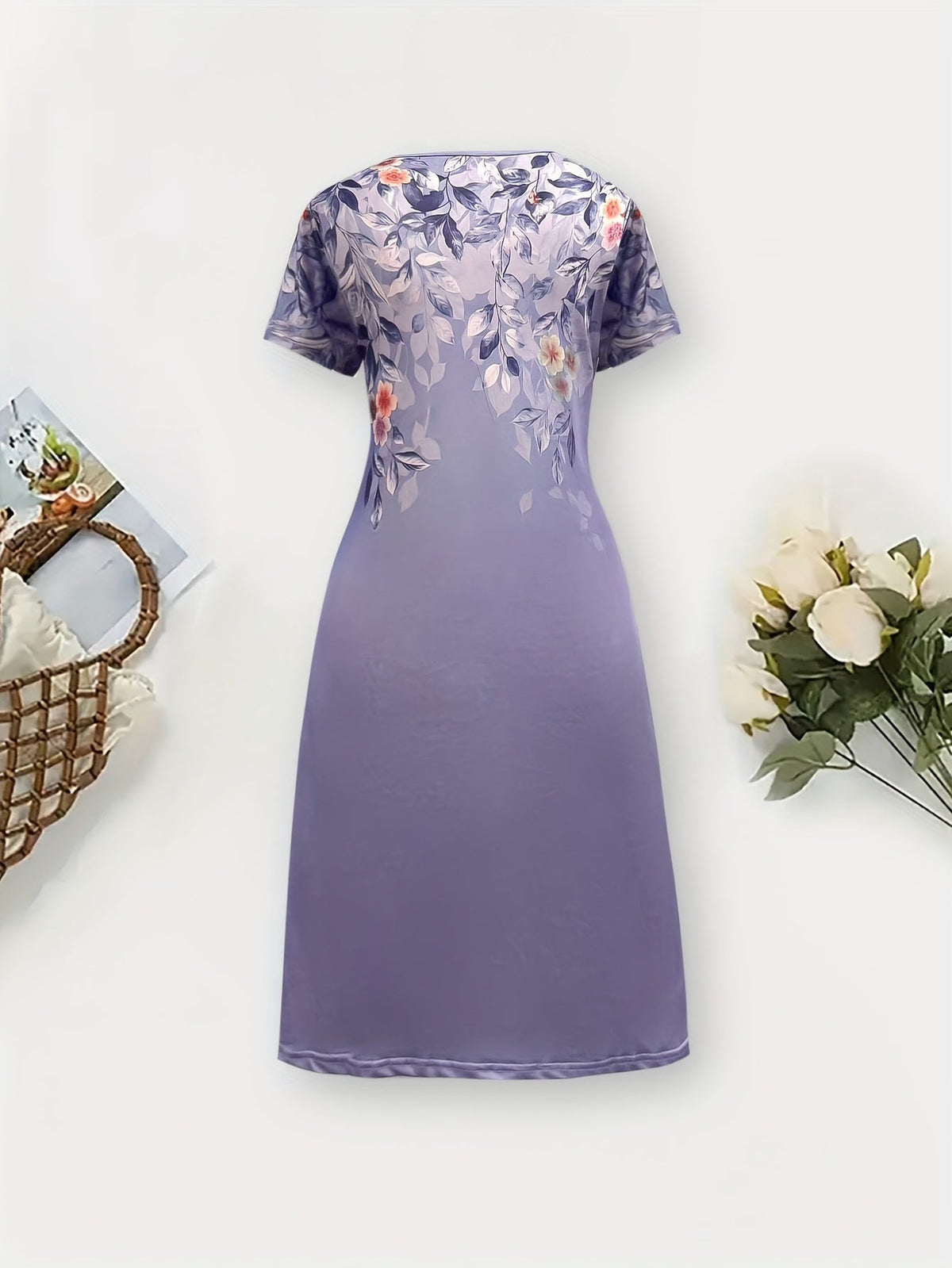 Women's Floral A-Line Dress - Elegant Short Sleeve