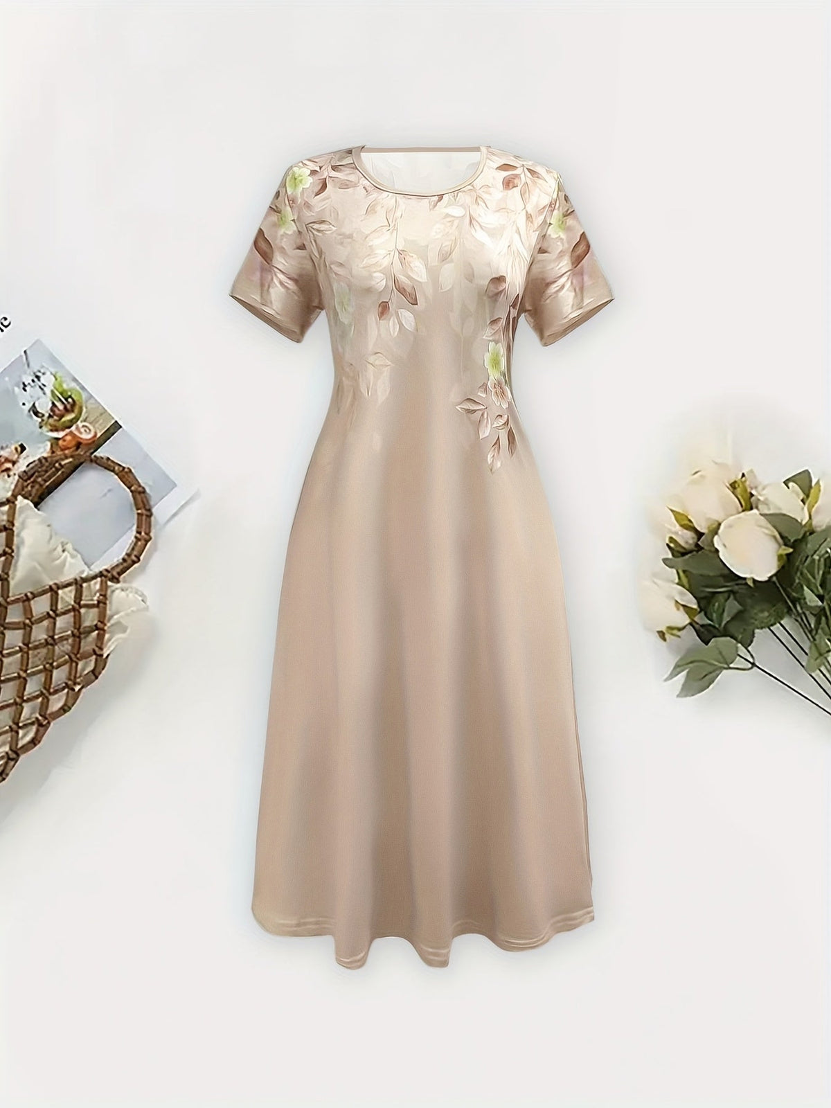 Women's Floral A-Line Dress - Elegant Short Sleeve