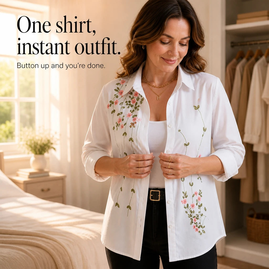 Women's Floral Print Long-Sleeve Shirt - Hip-Length Casual Blouse