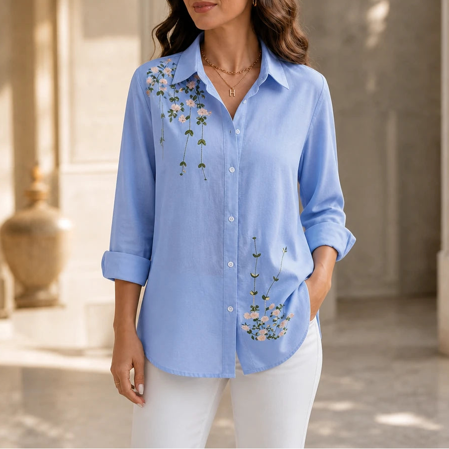 Women's Floral Print Long-Sleeve Shirt in light blue, Hip-Length Casual Blouse