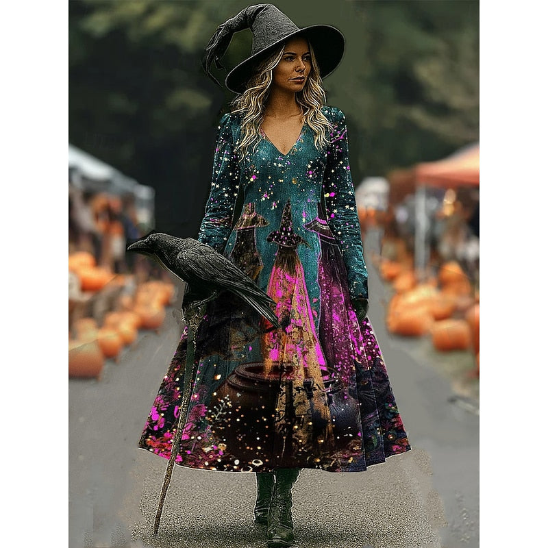 Women's Halloween Witch Print A-Line Maxi Dress - Dark Green