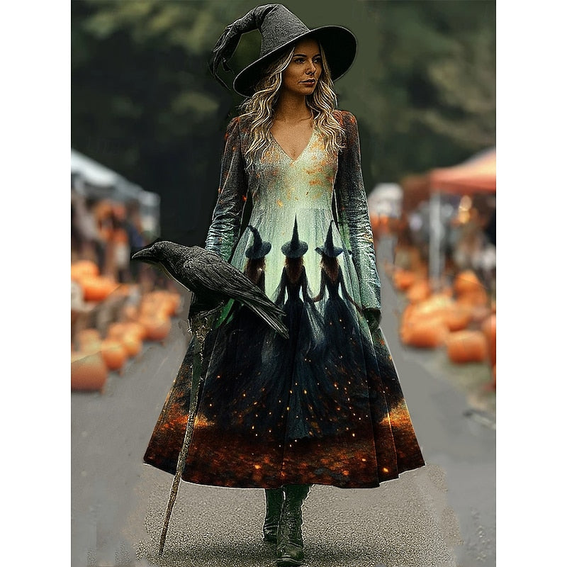 Women's Halloween Witch Print A-Line Maxi Dress - Dark Grey