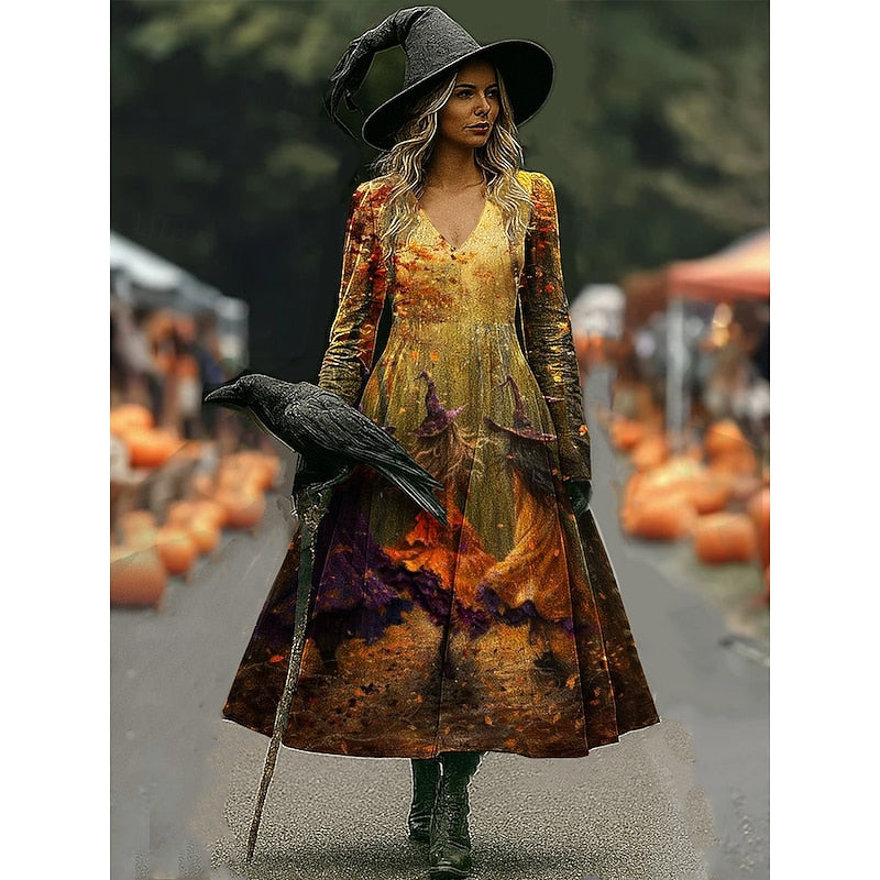 Women's Halloween Witch Print A-Line Maxi Dress - Orange