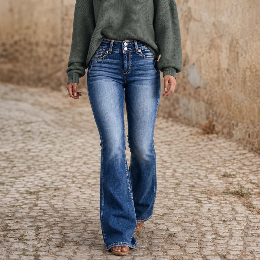 Women's High-Waisted Bootcut Jeans in blue, Double-Button Fit