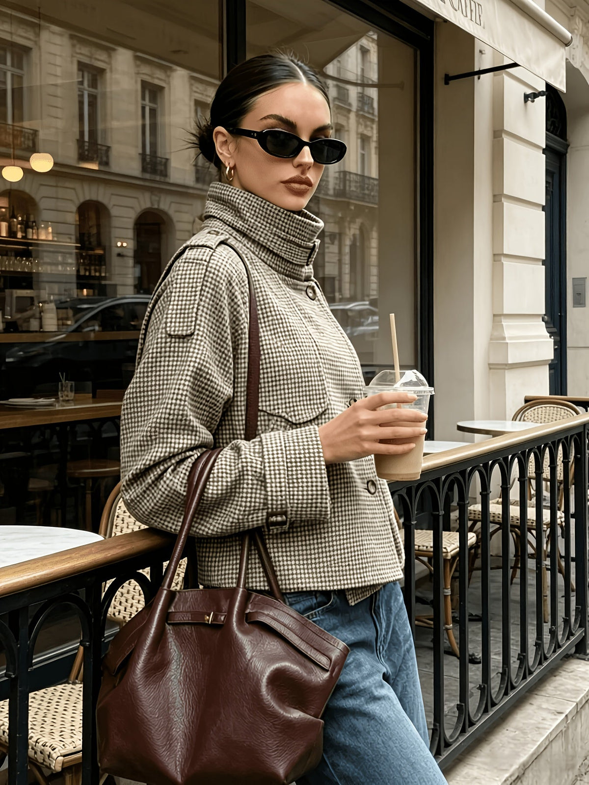 Women's Houndstooth Stand-Collar Jacket - Cropped Khaki