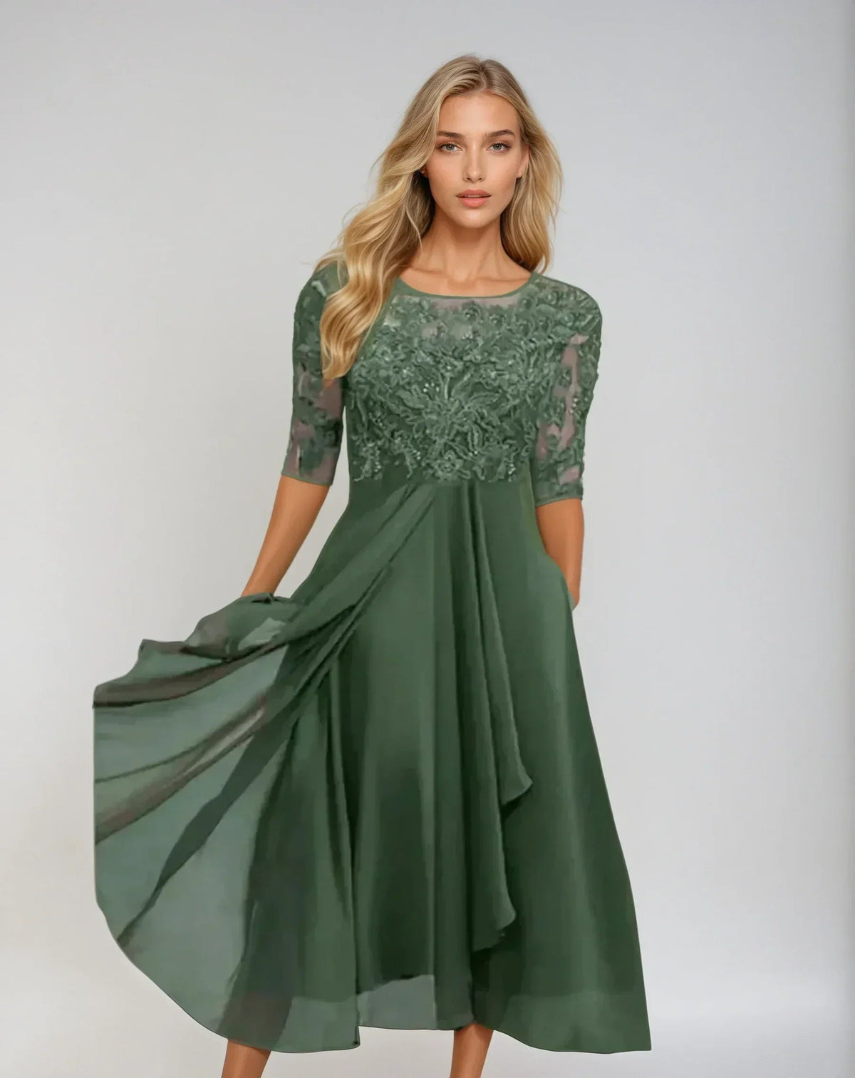 Women's Lace Midi Dress in green, Elegant Occasion Wear